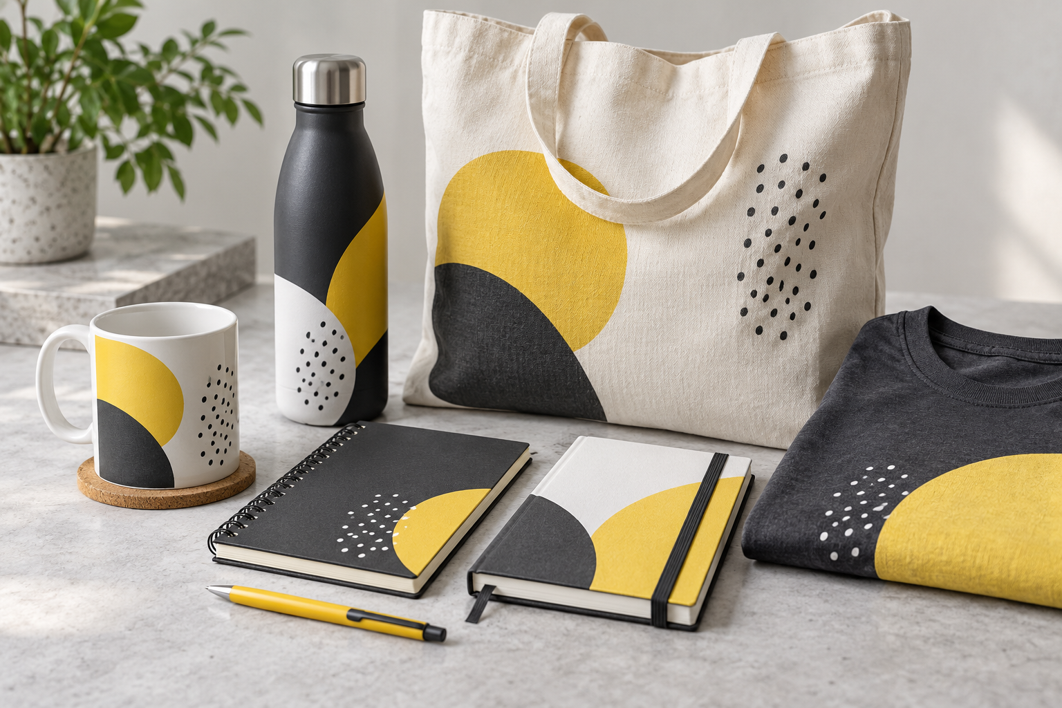 Exemplo ilustrativo de caneca, garrafa, ecobag, cadernos, caneta e camisa personalizados